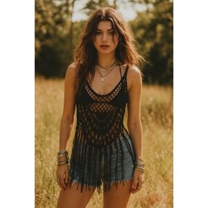 Black Crotchet Top Womens Medium Festival Hippie Dark Fairy Coastal Sexy Retro